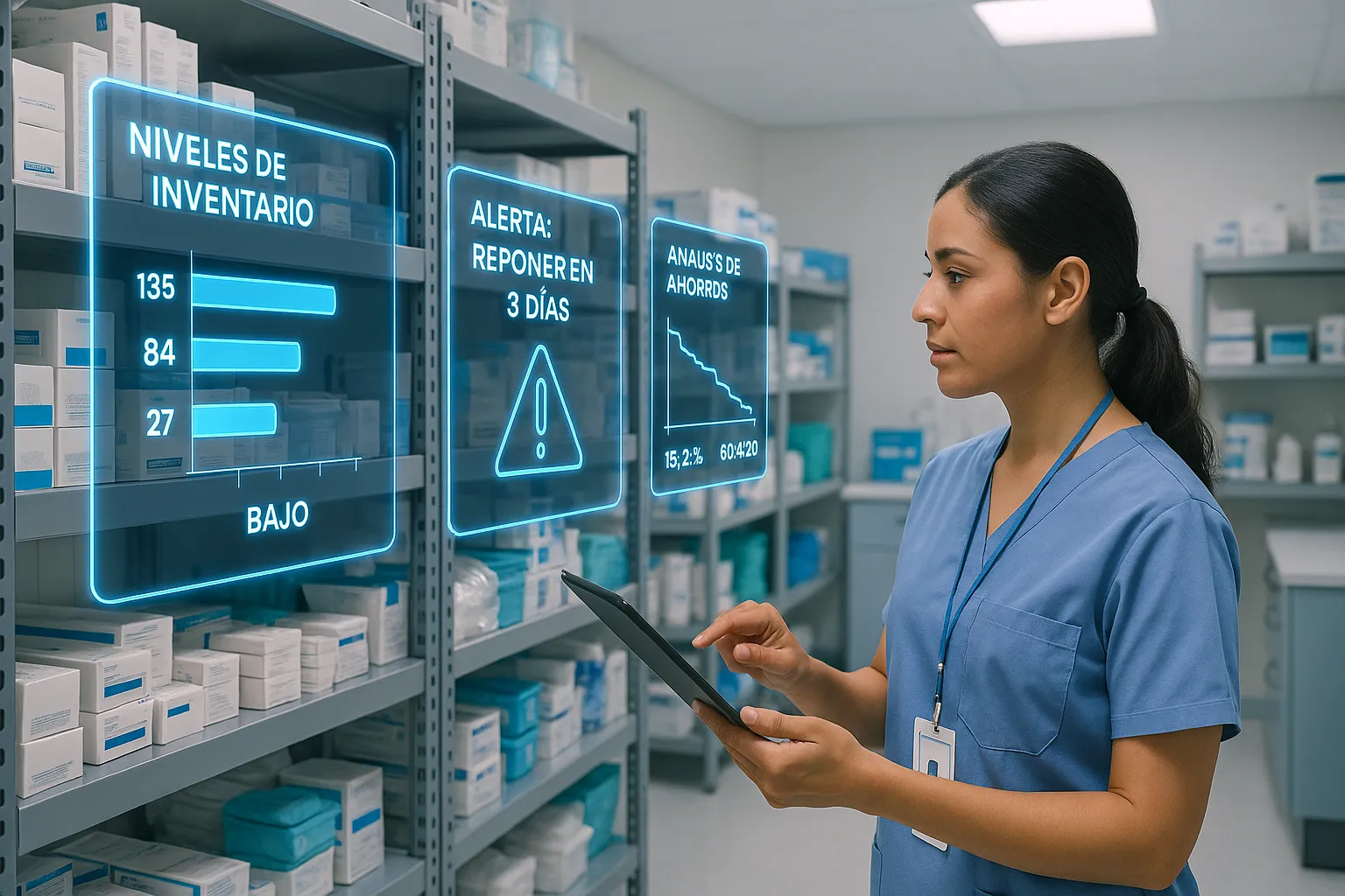 Enfermera usando Luna Salud para visualizar panel holográfico de niveles de inventario médico, alerta de reposición en 3 días y análisis de ahorros