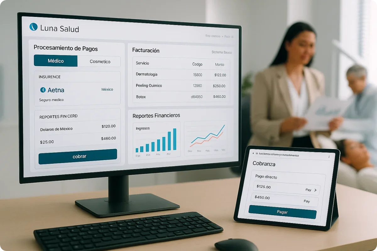 Gestión financiera dermatología - Luna Salud facturación médico cosmético reportes pagos software