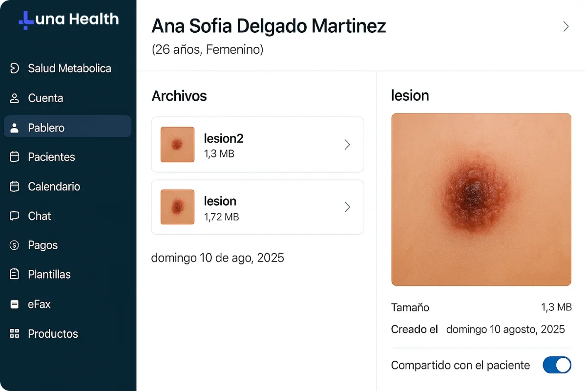 Gestión imágenes dermatológicas Luna Health - expediente electrónico lesiones análisis IA organización automática
