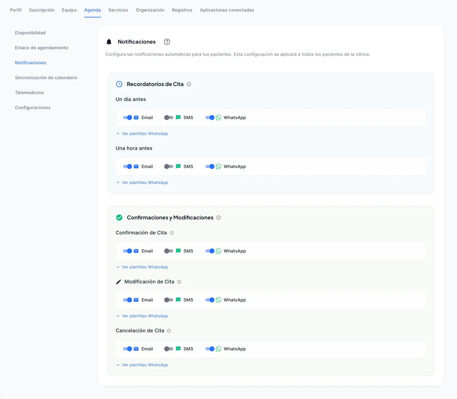 Configuración de recordatorios por WhatsApp en la administración de Luna Salud