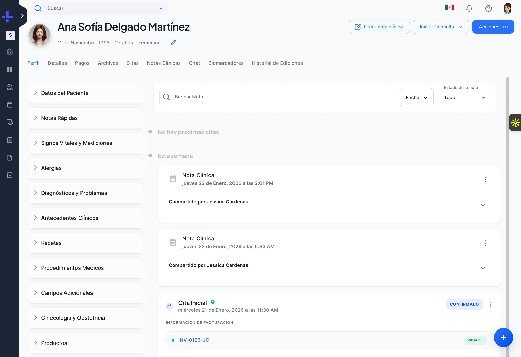 Plantilla de nota clínica NOM-004 en Luna Salud mostrando todas las secciones requeridas