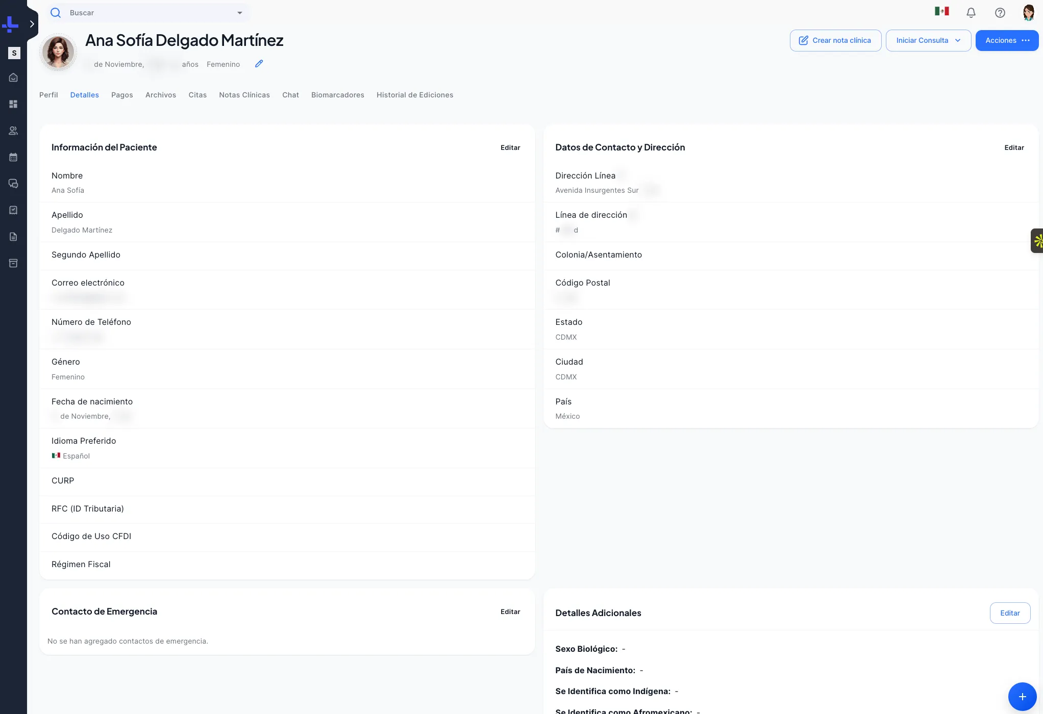 Perfil del paciente en Luna Salud mostrando campos de identificación NOM-004