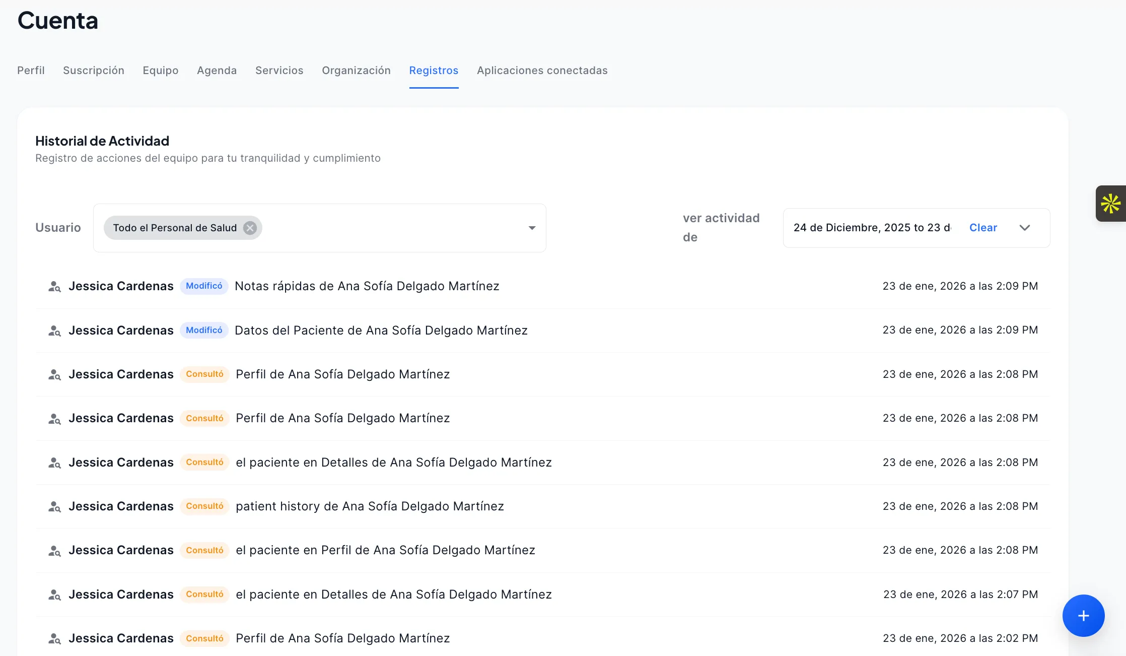 Bitácora de auditoría en Luna Salud mostrando registro de accesos