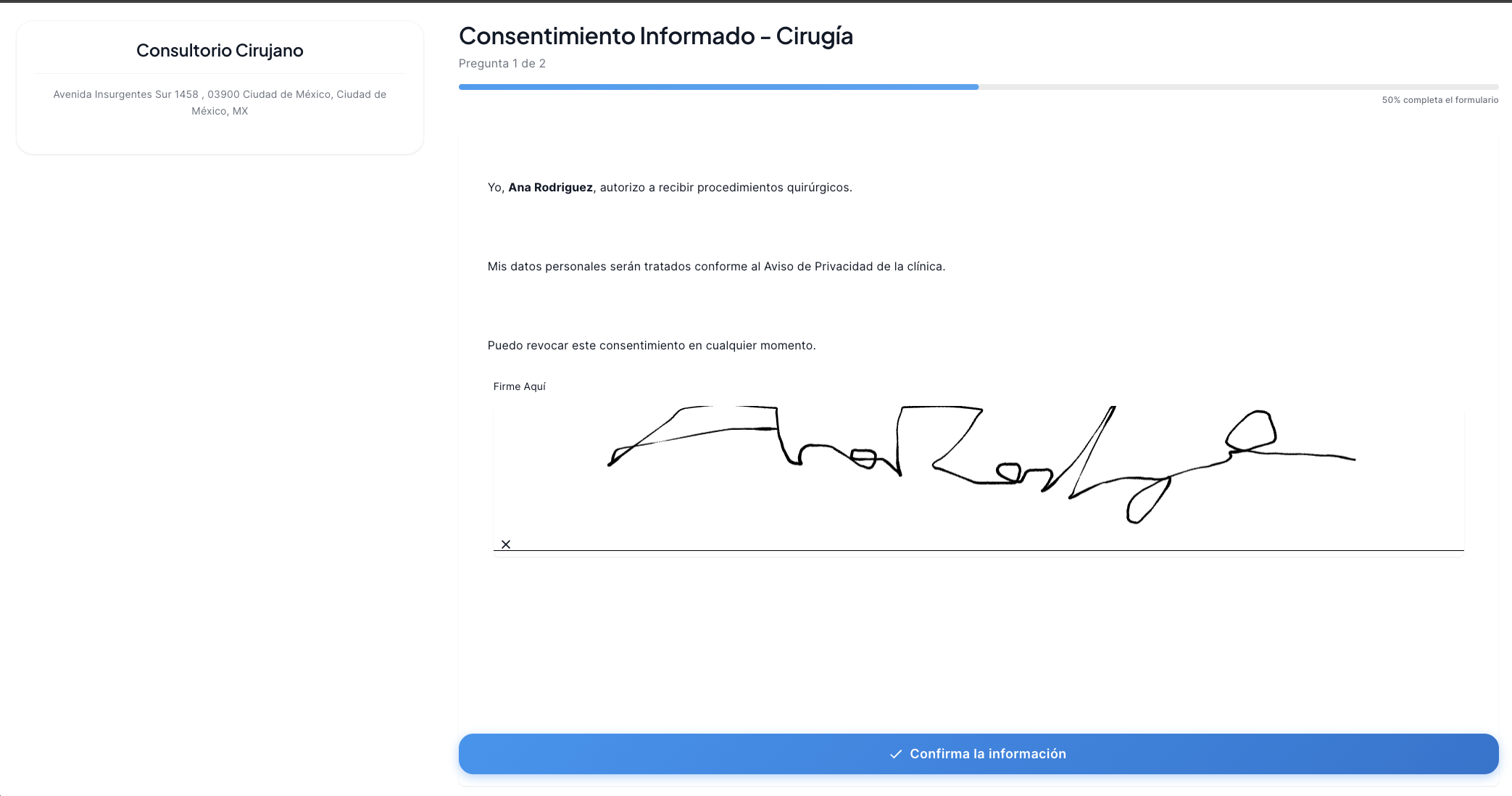 Formulario de consentimiento informado con firma digital del paciente en Luna Salud