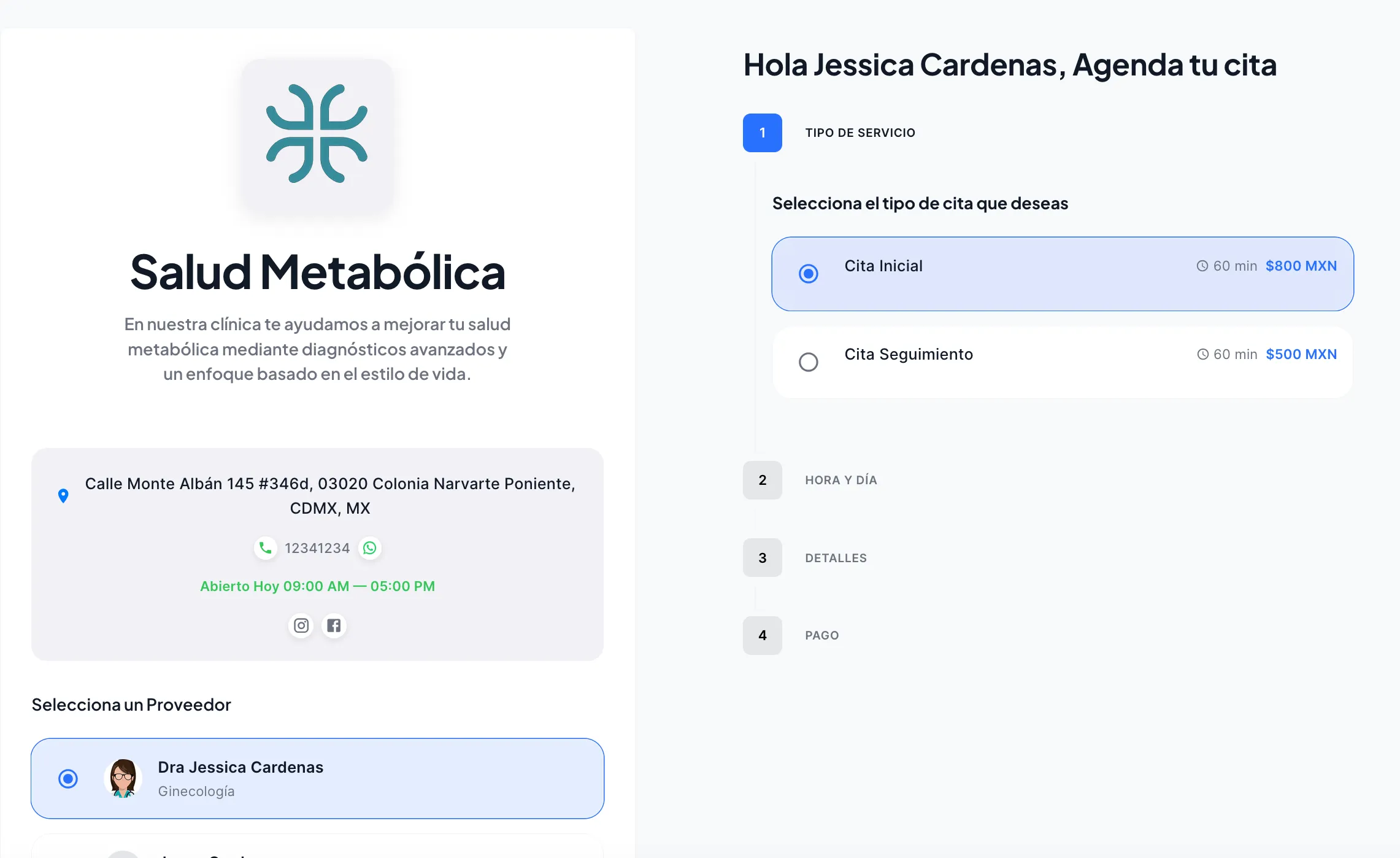 Ejemplo de página de reservas con servicios en Luna Salud