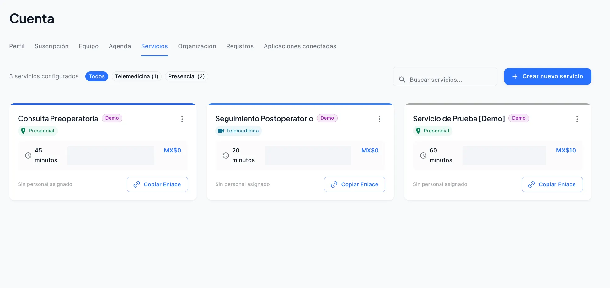 Vista de configuración de servicios en Luna Salud