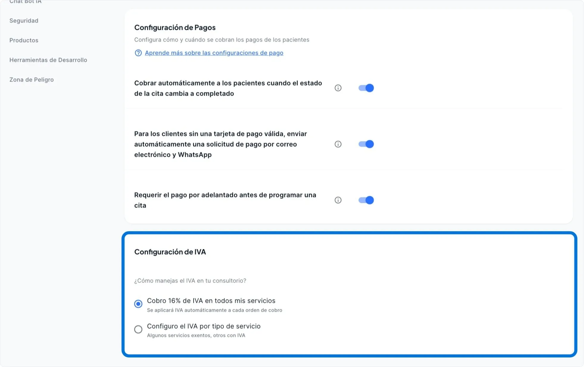 Configuración de IVA a nivel organización en Luna Salud