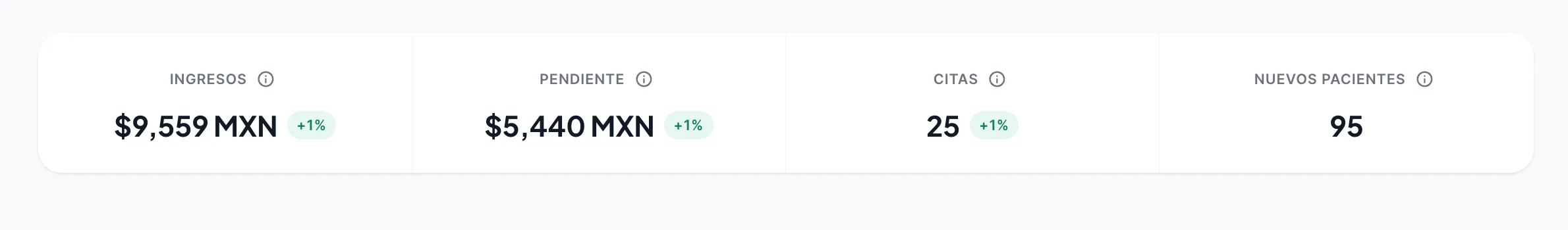 Estadísticas rápidas del dashboard de Luna Salud mostrando ingresos, pendientes, citas y nuevos pacientes