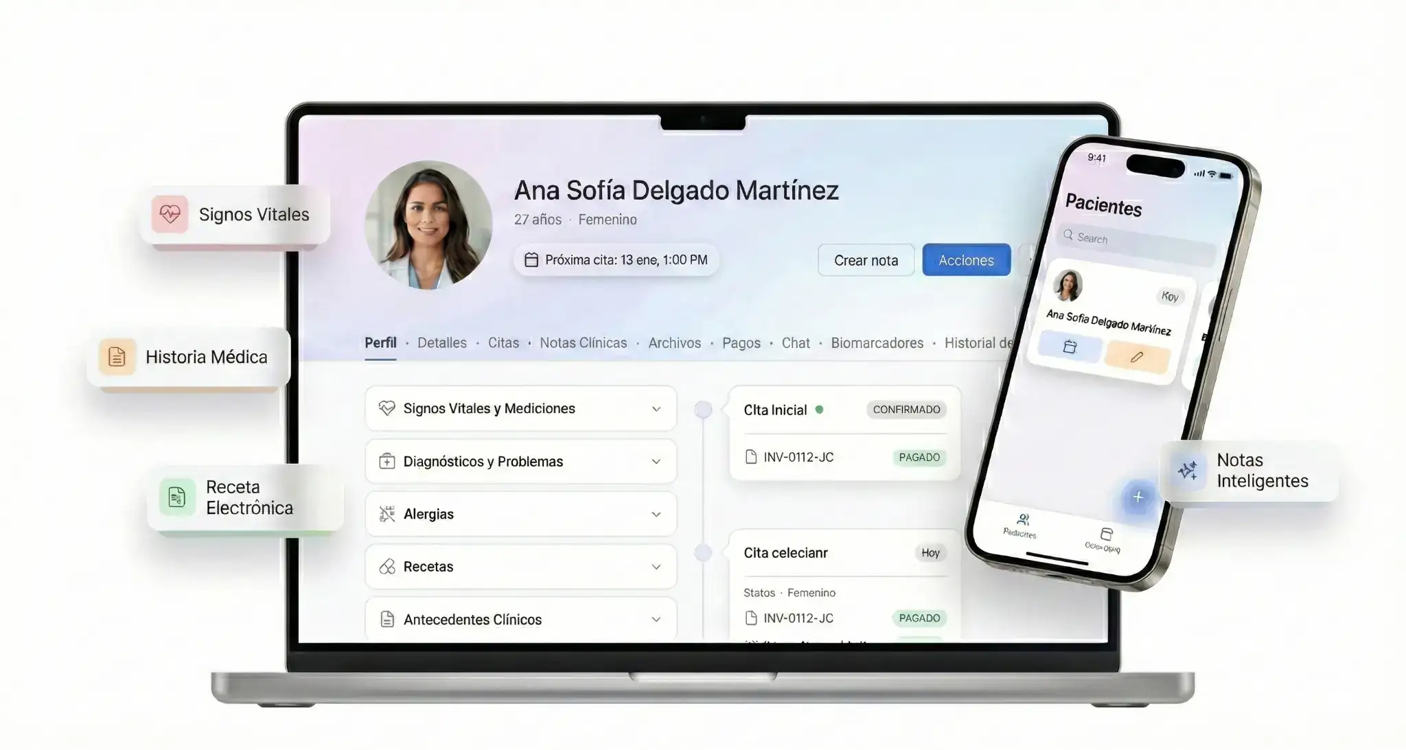 Interfaz del expediente clínico digital en Luna Salud