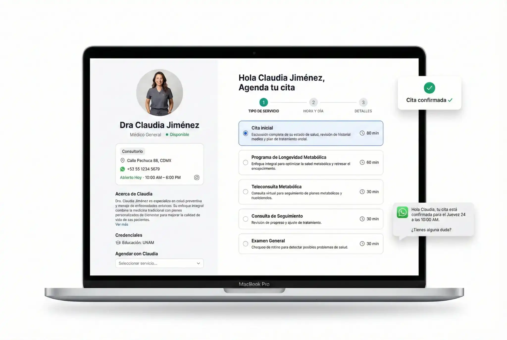 Página de reservas de Luna Salud con agenda integrada y selección de proveedores