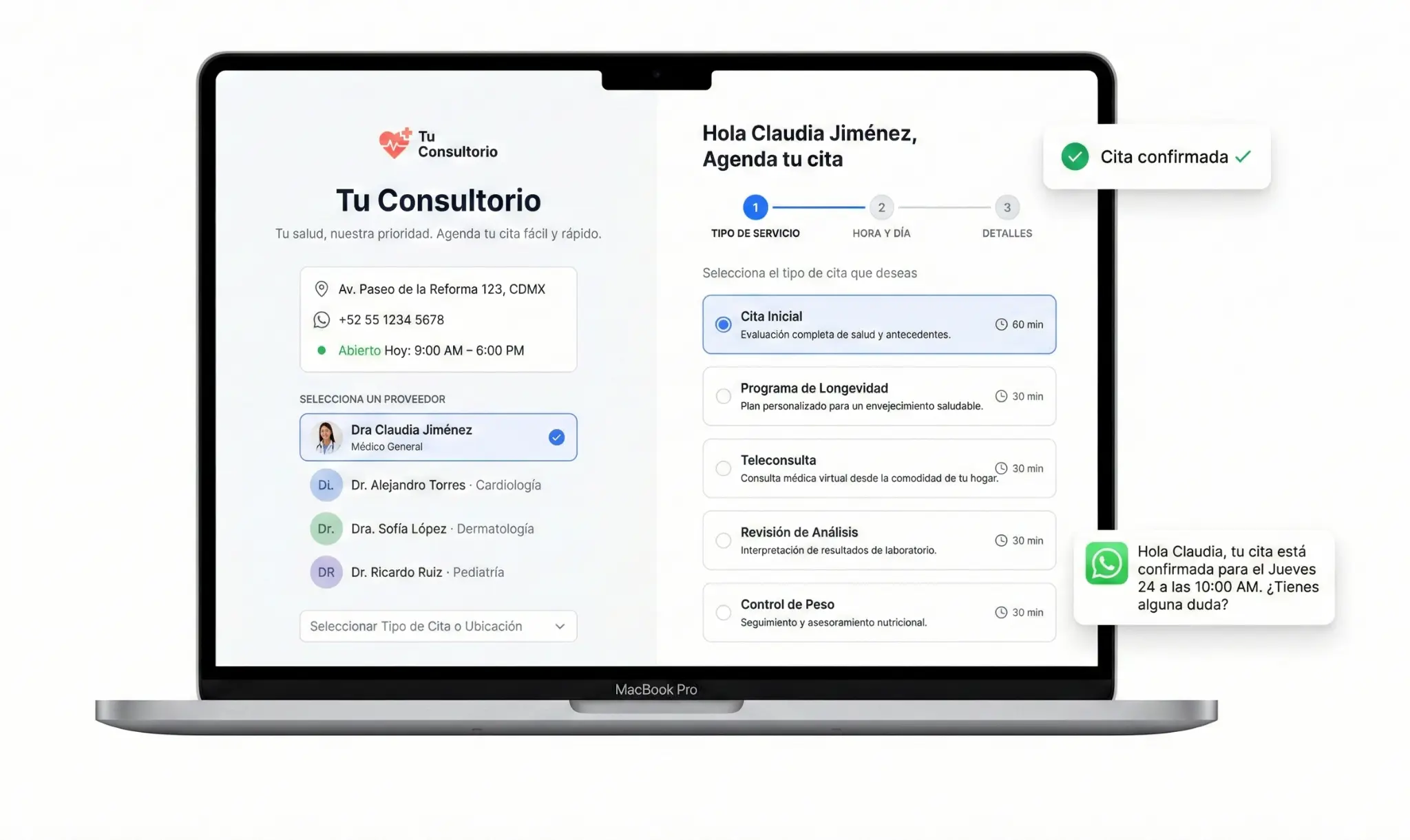Enlace de reservas de consultorio en Luna Salud con perfil de clínica y agenda de citas