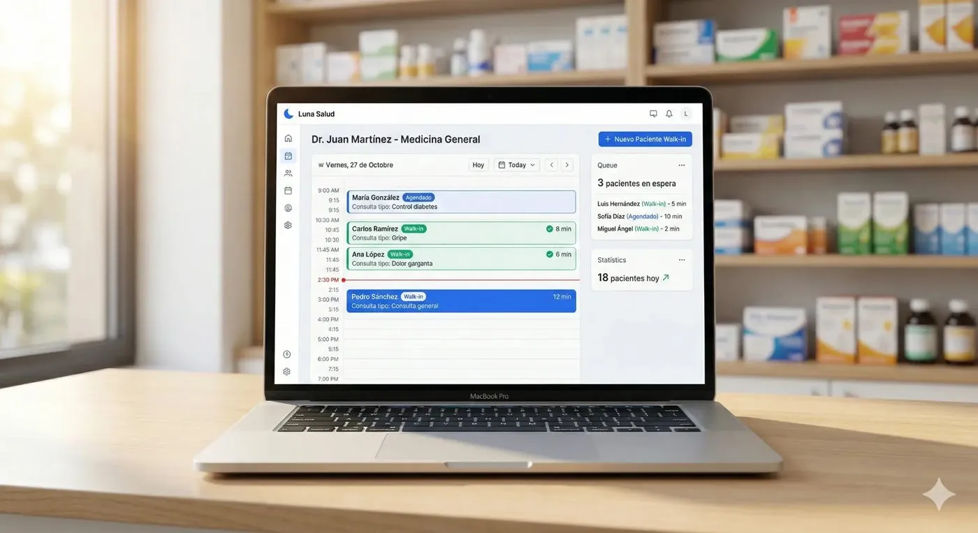 Dashboard de Luna Salud mostrando agenda optimizada para consultas walk-in en farmacia