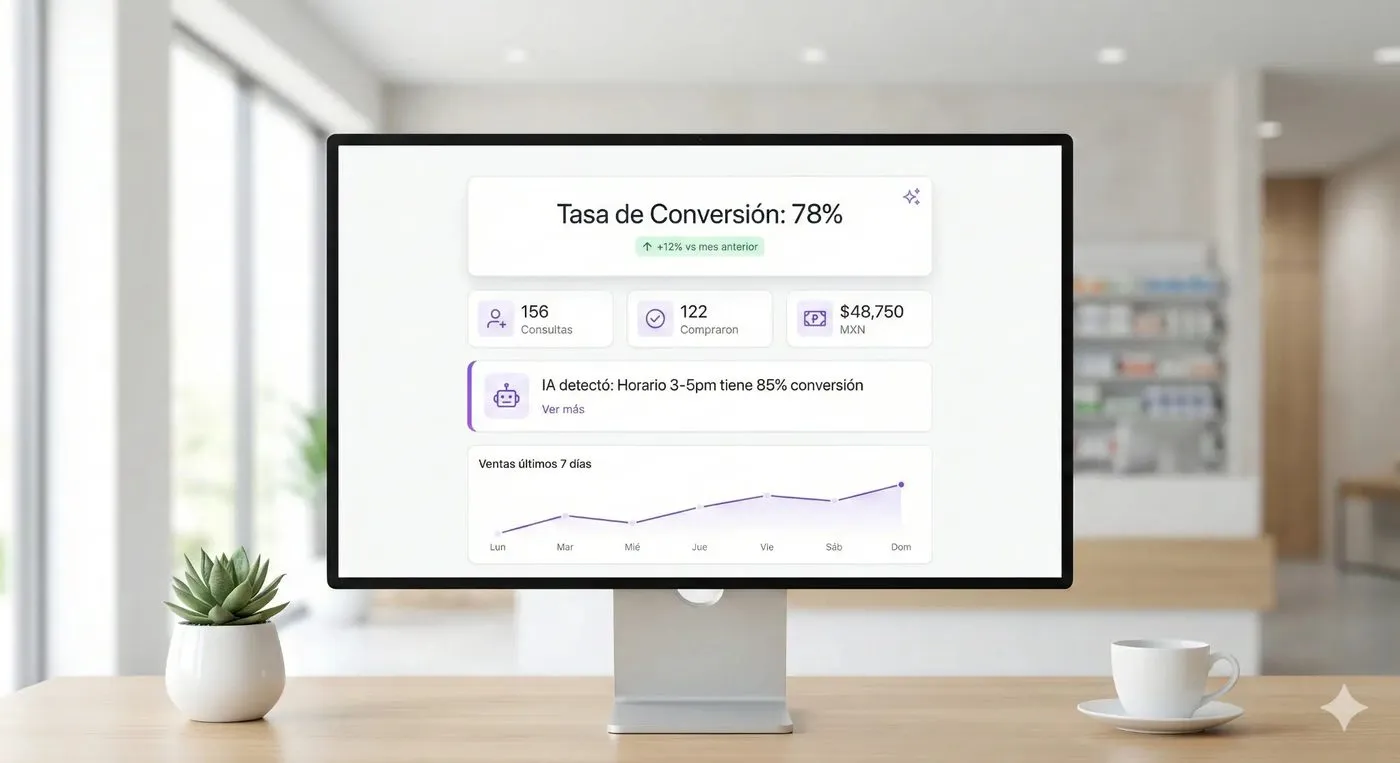Dashboard de inteligencia artificial mostrando tasa de conversión y análisis de ventas de farmacia