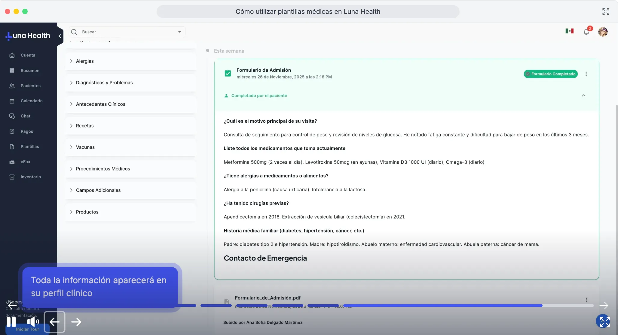 Form responses saved to the patient chart in Luna Health