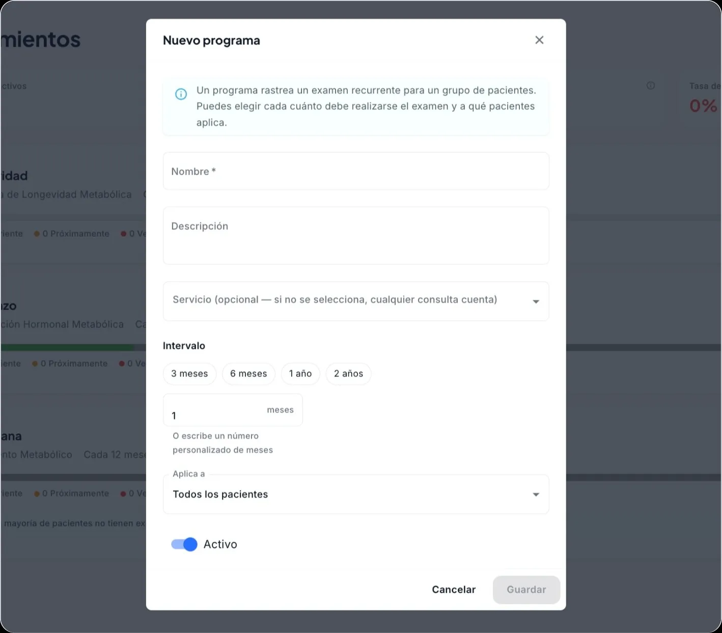 Modal de creacion de programa de seguimiento mostrando campos de nombre, intervalo y filtro de pacientes