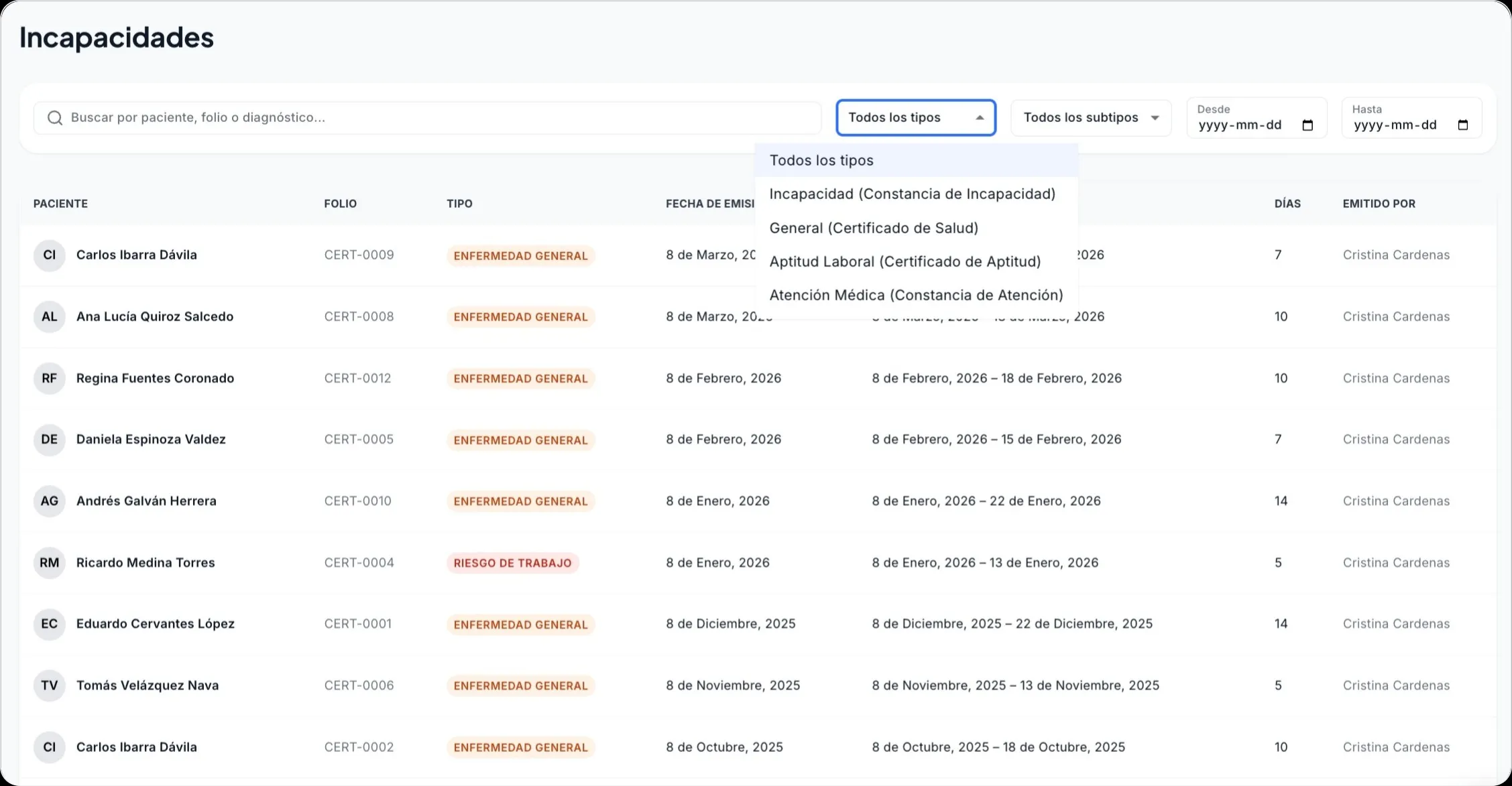 Tabla de incapacidades mostrando columnas de paciente, folio, tipo con codigos de color, fecha de emision, periodo, dias y emitido por