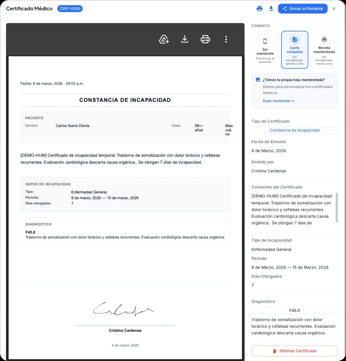 Modal de vista de certificado medico mostrando el PDF a la izquierda y los detalles del certificado a la derecha con opciones de compartir, imprimir y descargar