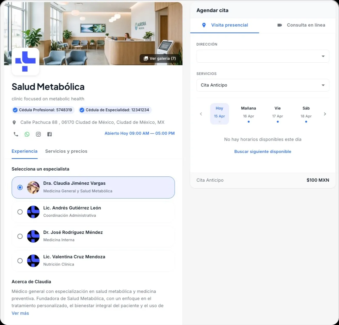 Vista de la pagina de reservas en linea de Luna Salud mostrando servicios y proveedores disponibles