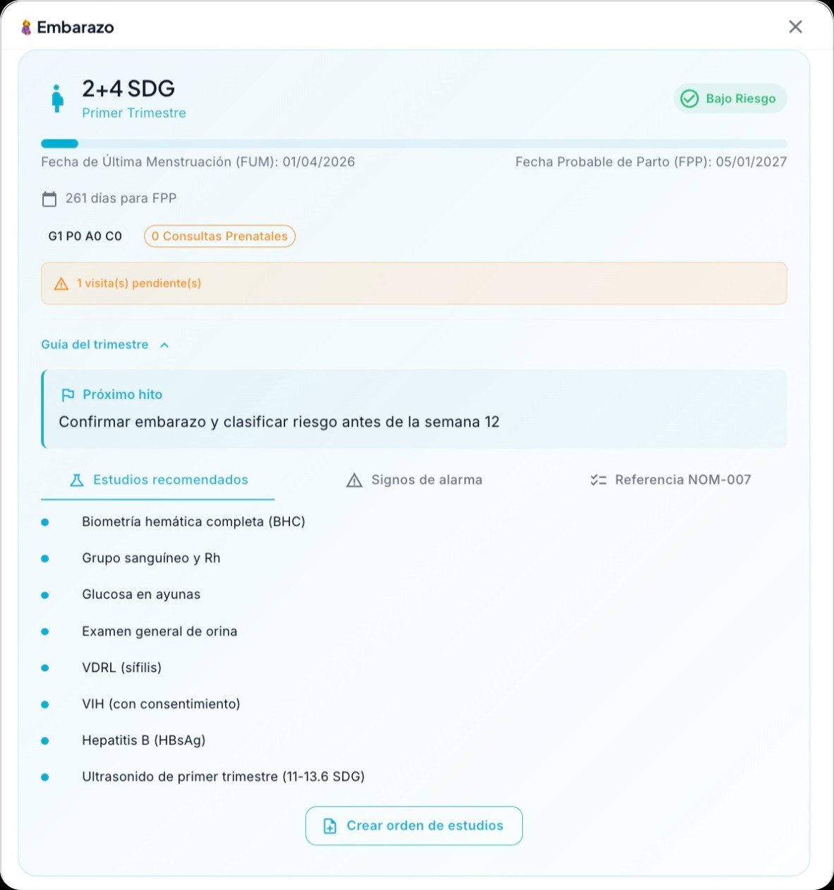 Tarjeta de embarazo en el perfil de la paciente mostrando edad gestacional, trimestre, riesgo y barra de progreso