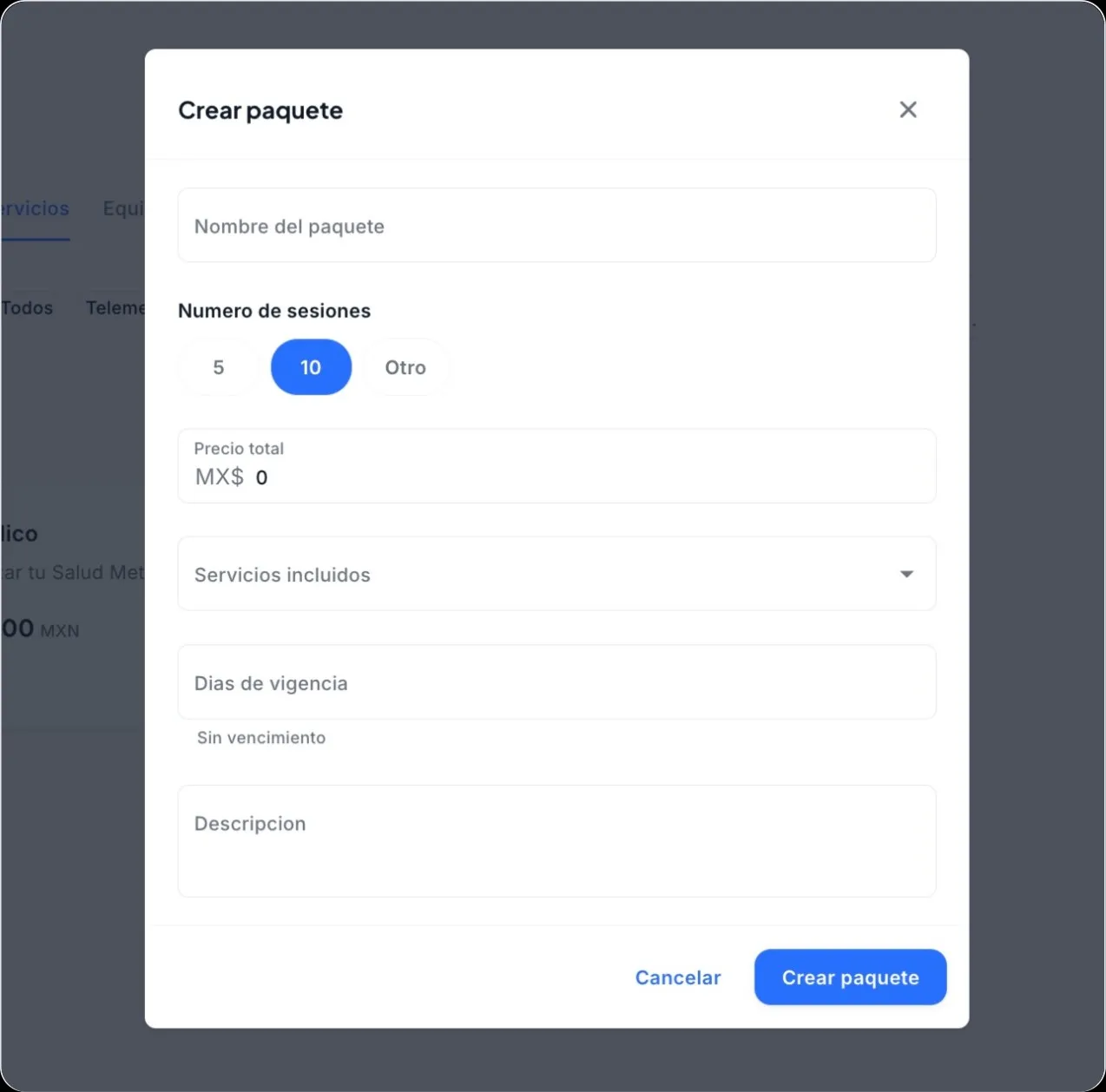 Vista de un paquete de sesiones en Luna Salud mostrando nombre, sesiones, precio, vigencia y servicios incluidos