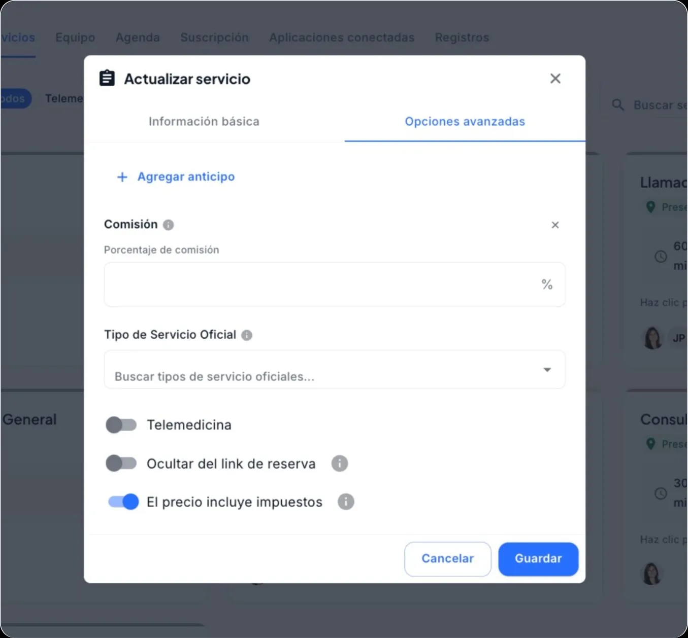 Formulario de servicio con opcion de comision en Luna Salud