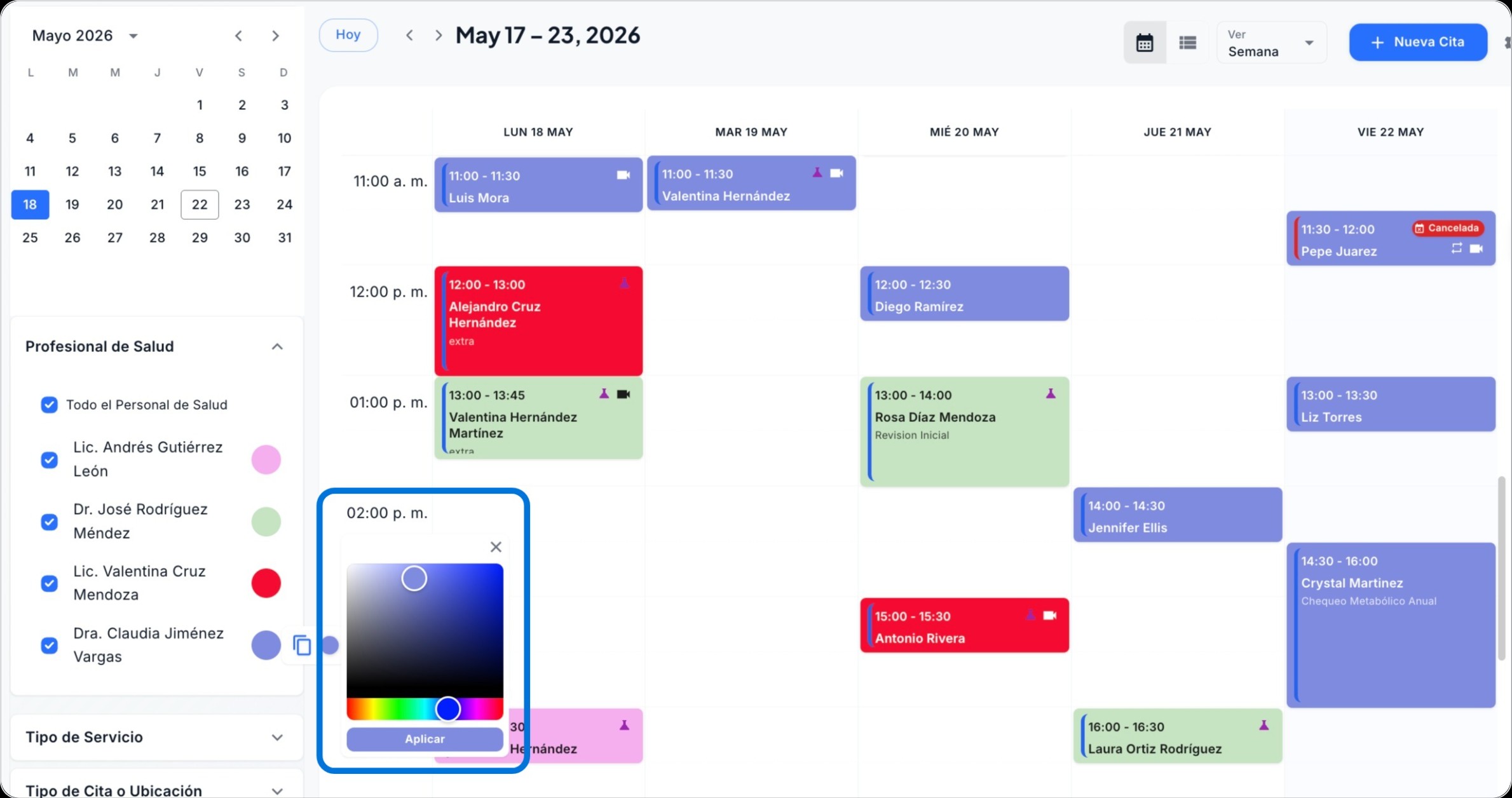 Selector de colores por profesional en el calendario de Luna Salud — cada miembro del equipo tiene un color único que pinta el bloque completo de sus citas