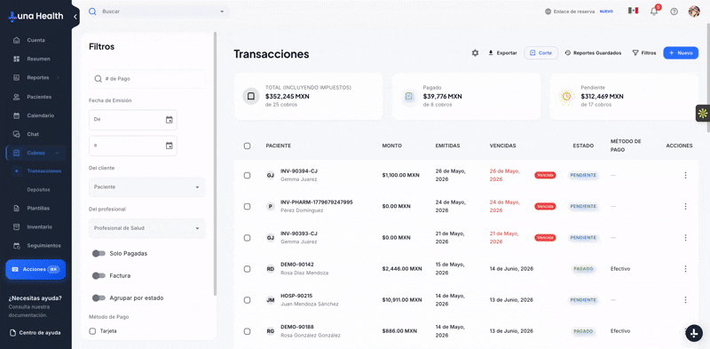 Como crear un recibo de pago en Luna Salud
