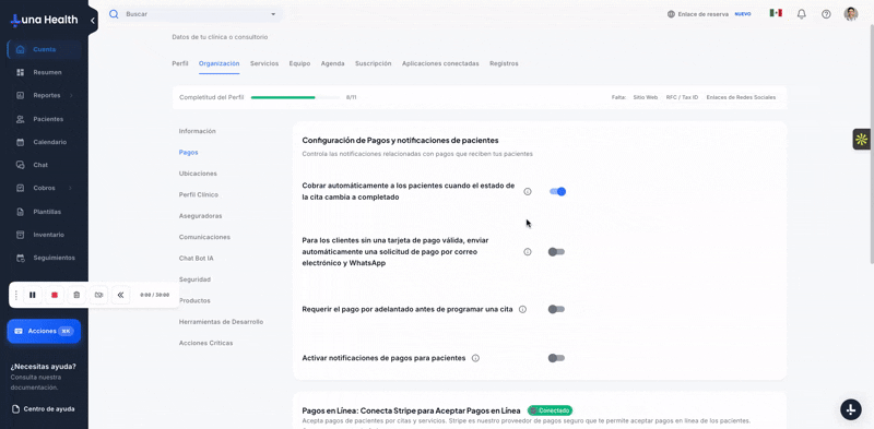 Configuracion de cobro automatico en Organizacion → Pagos en Luna Salud
