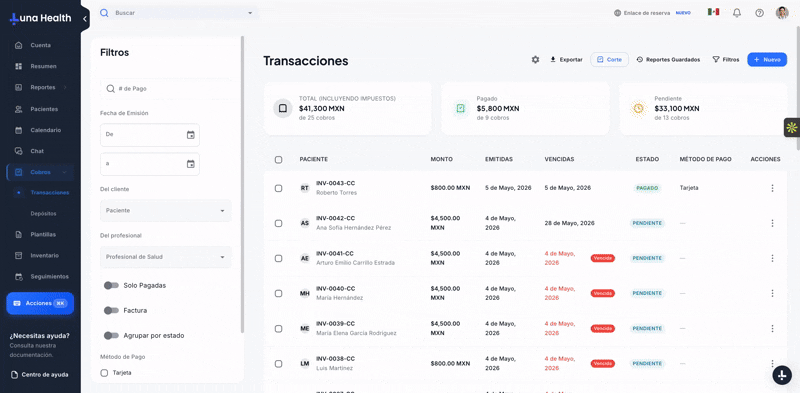 Editar la fecha de vencimiento de un recibo desde el menu de acciones en Luna Salud