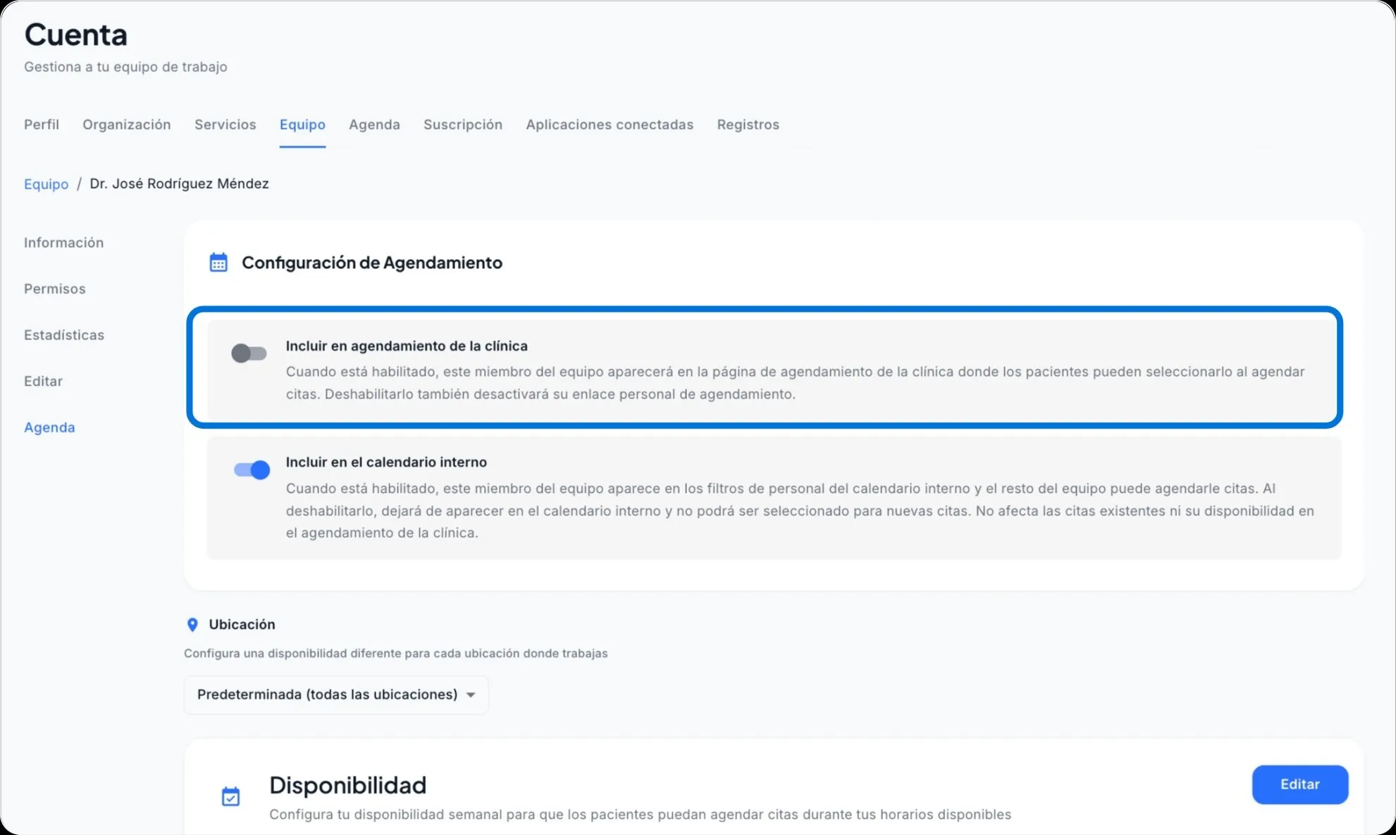 Configuracion de visibilidad en reservas publicas — pestaña Agenda del perfil de un miembro del equipo en Luna Salud