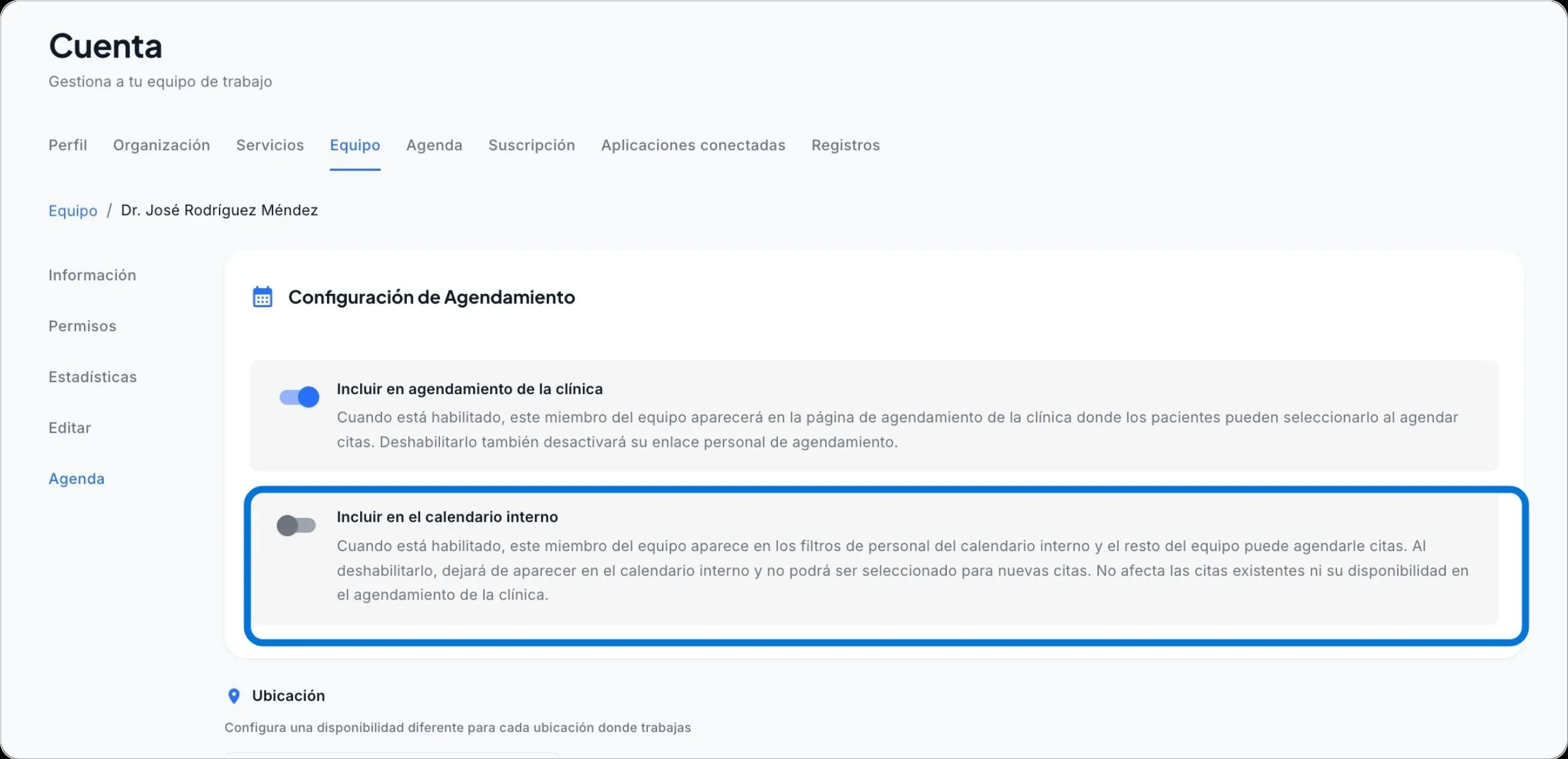 Configuracion de visibilidad en calendario interno — pestaña Agenda del perfil de un miembro del equipo en Luna Salud