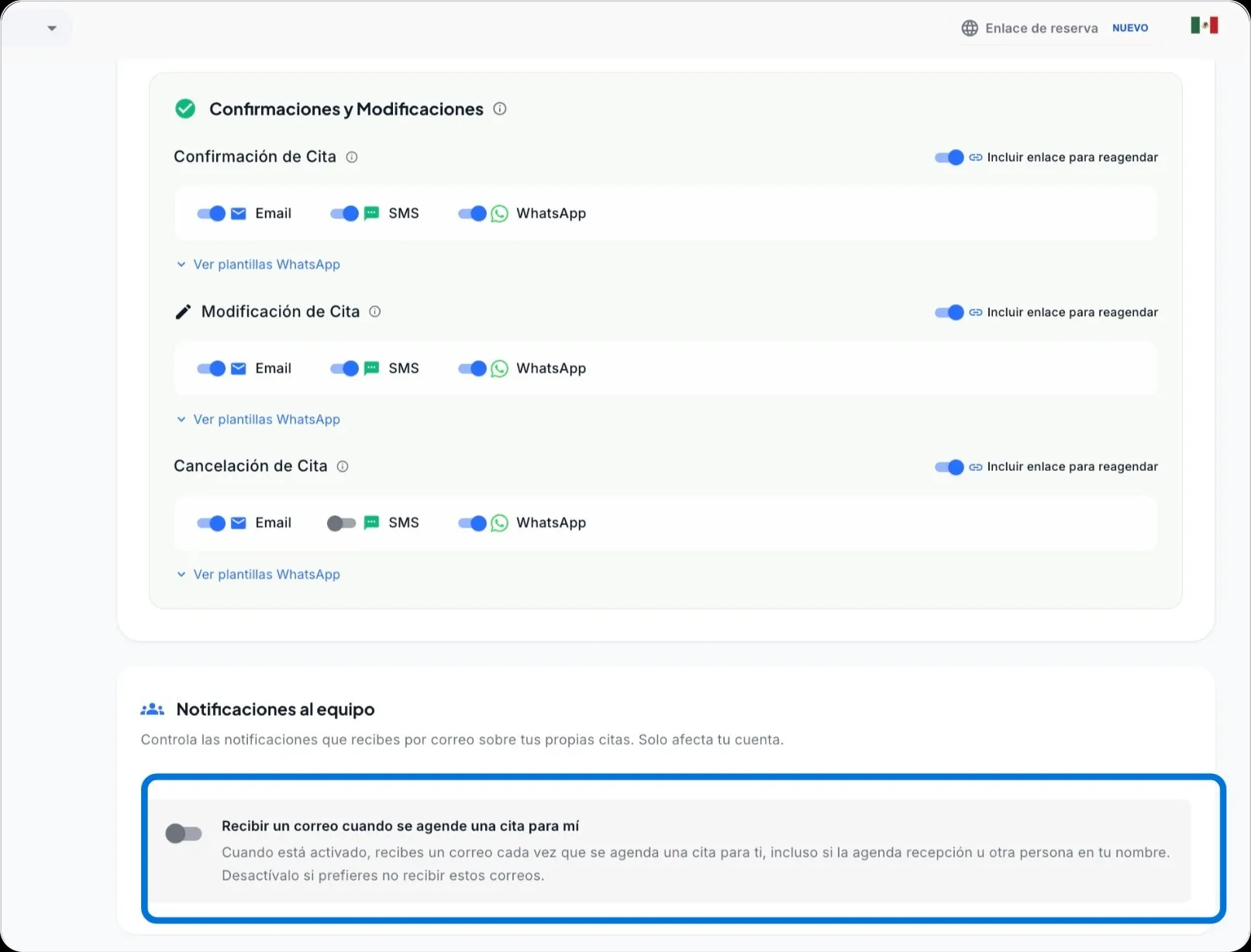 Configuracion de notificaciones de citas — seccion Notificaciones para el equipo en Agenda de Luna Salud