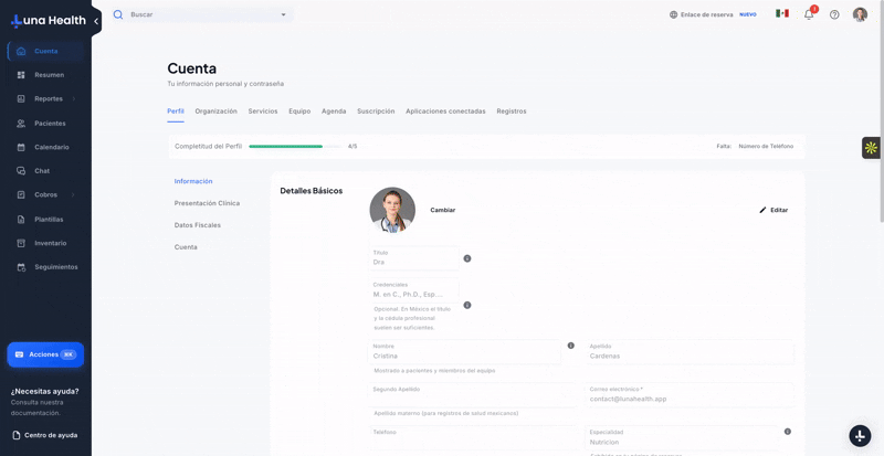 Pantalla de Cuenta → Agenda → Telemedicina en Luna Salud, mostrando las opciones para activar la grabacion automatica y guardar las grabaciones de video de las videoconsultas