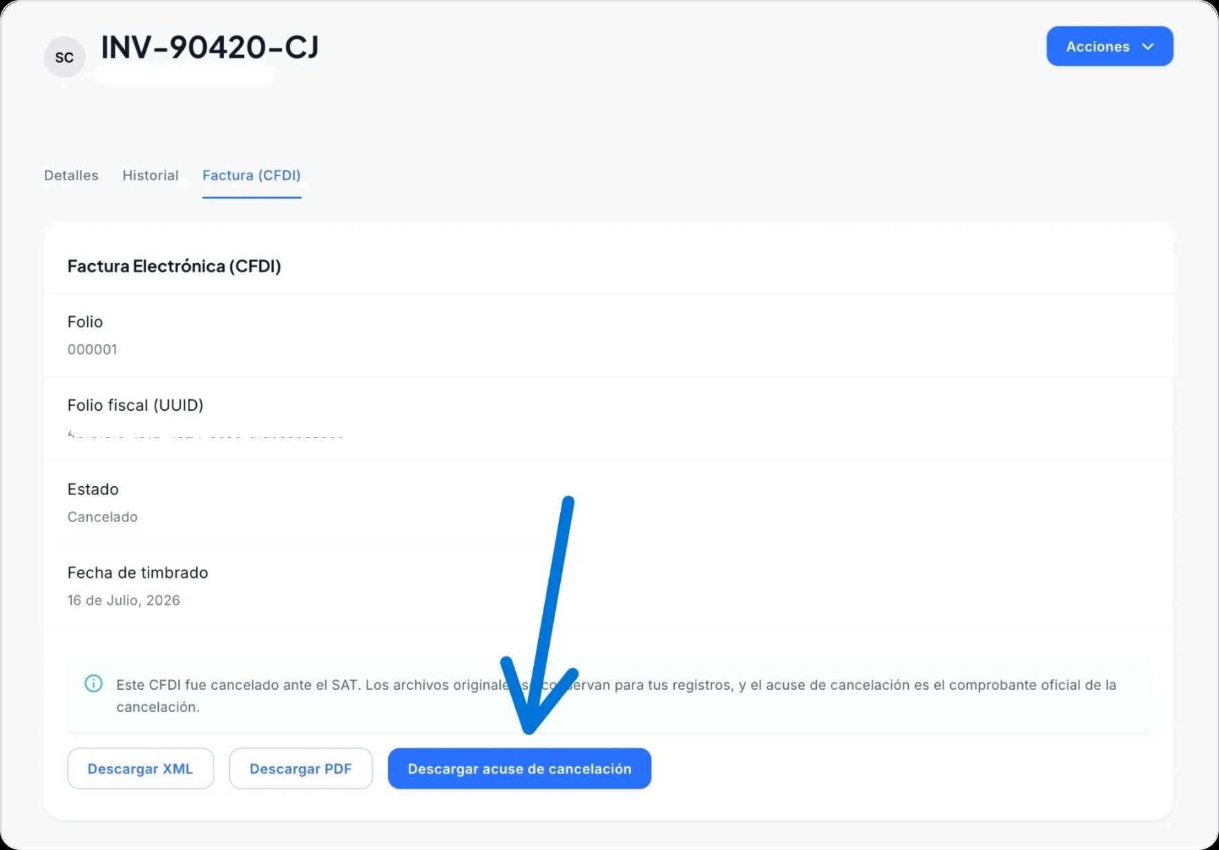 Pestaña Factura (CFDI) de un cobro en Luna Salud mostrando un CFDI con estado Cancelado y los botones Descargar XML, Descargar PDF y Descargar acuse de cancelación