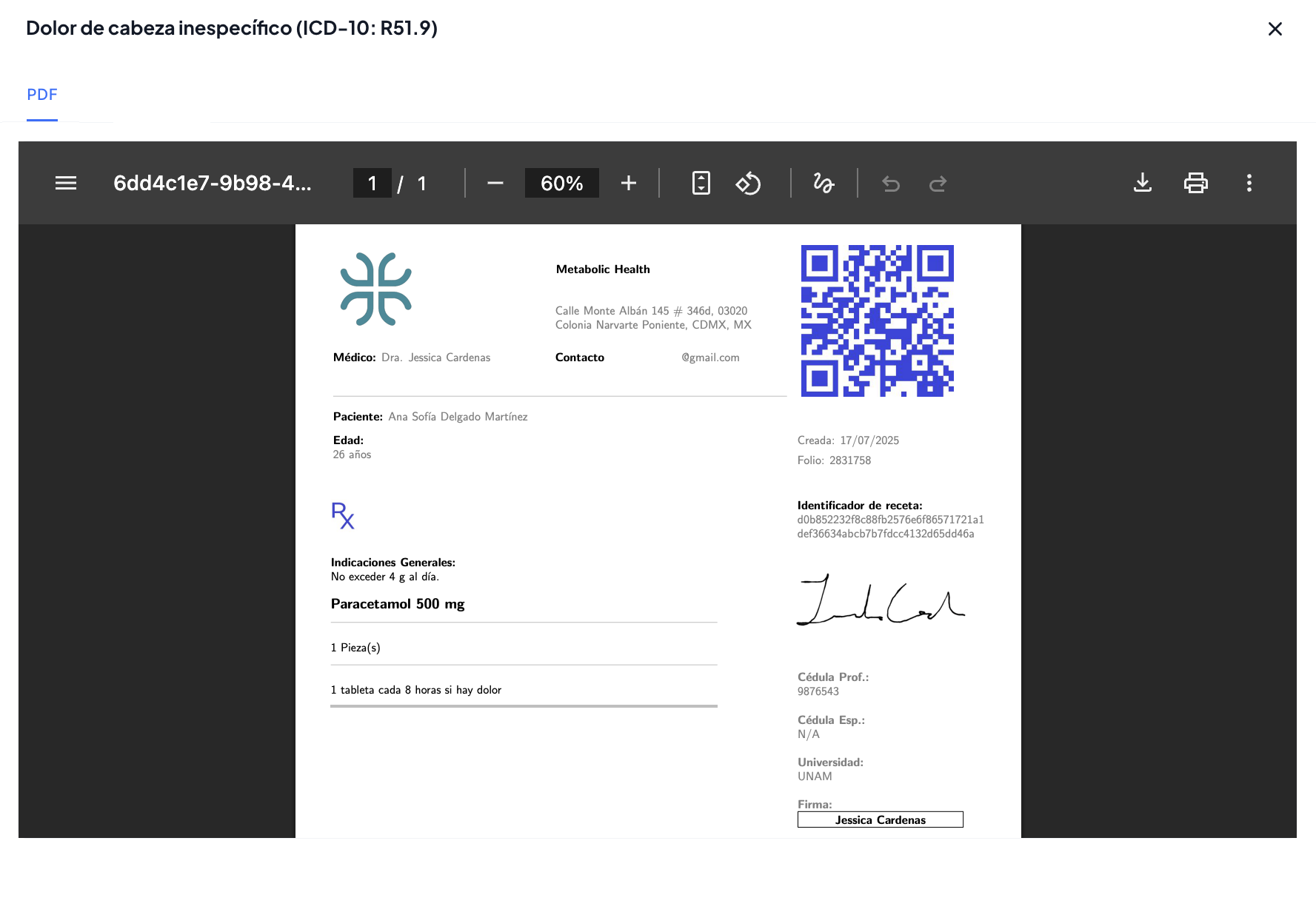 Ejemplo real de una receta electrónica generada con Prescrypto en Luna Salud, con medicamentos, código QR, firma y validación COFEPRIS