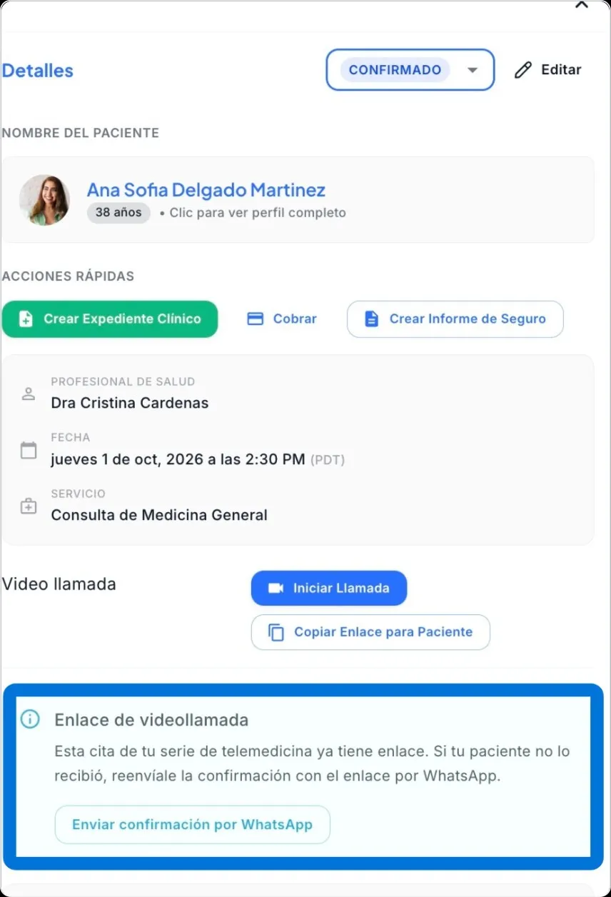 Detalle de una cita de telemedicina con el aviso Enlace de videollamada y el botón Enviar confirmación por WhatsApp.