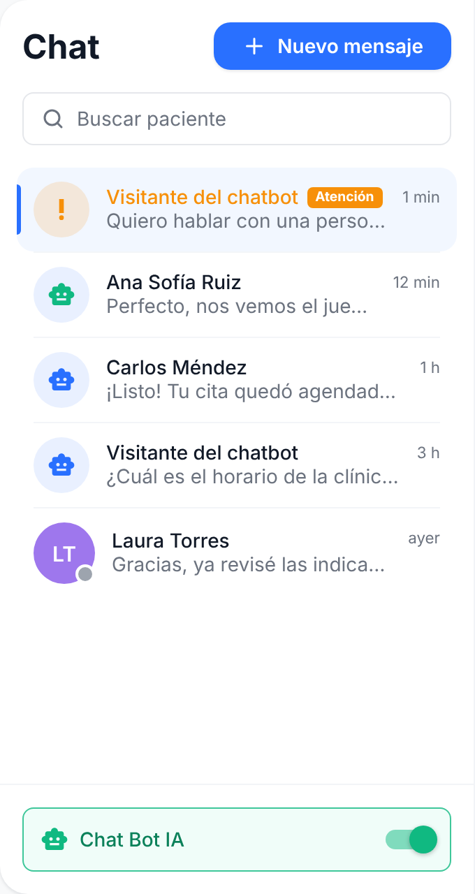 Lista de conversaciones en el Chat de Luna: una conversación marcada con Atención, conversaciones del asistente con ícono de robot y el interruptor Chat Bot IA activado
