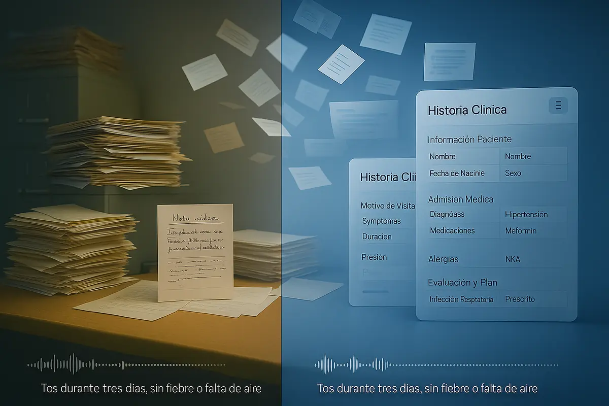 Comparación de expedientes médicos en papel frente a historia clínica electrónica con transcripción de voz, mostrando la digitalización de registros en Luna Salud.
