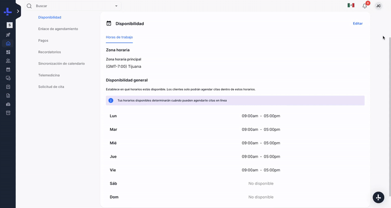 Panel de configuración de disponibilidad médica en Luna Salud con horarios de atención, zona horaria y programación semanal para agenda de citas médicas