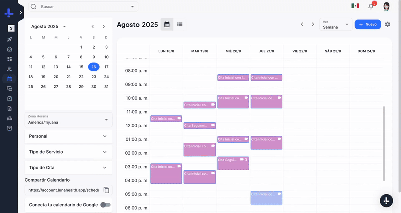 Vista de calendario médico Luna Salud con citas programadas, bloques de tiempo por horas y opciones de gestión de agenda para consultas médicas
