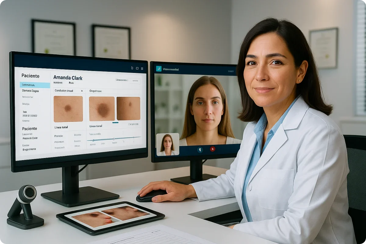 Dermatóloga usando el software de Luna Health para expediente clínico de dermatología en su consultorio