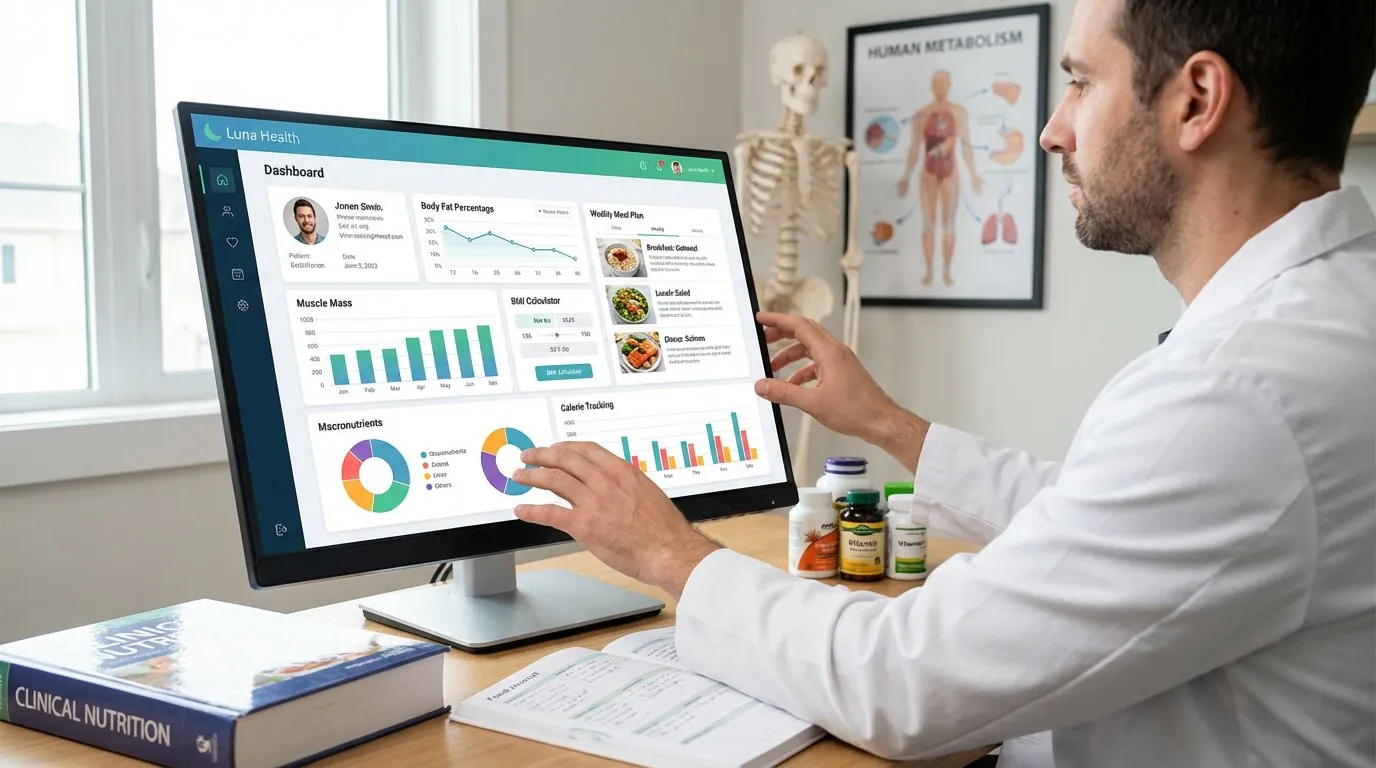 Nutriólogo creando un plan de alimentación personalizado con el software de Luna Health para nutriólogos