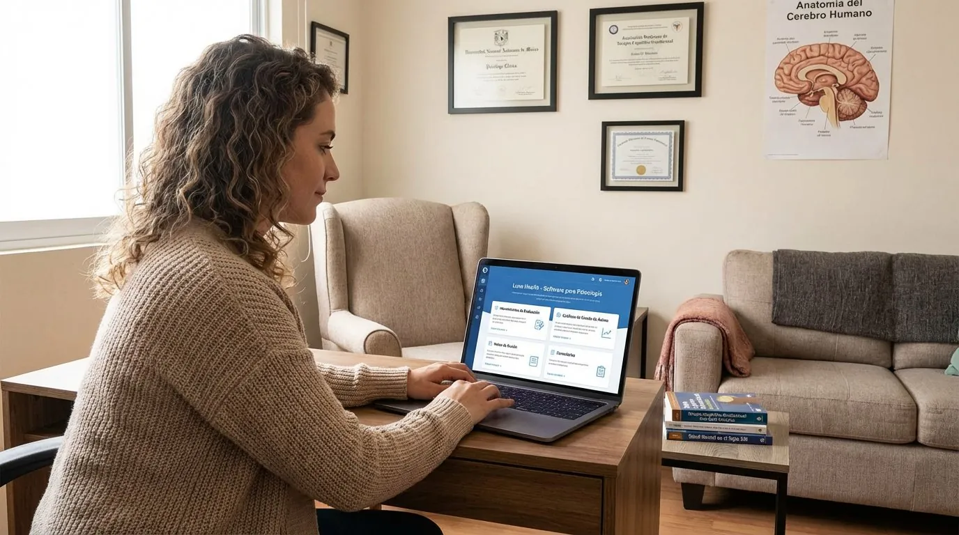 Psicóloga usando el software de Luna Health para expediente clínico de psicología en su consultorio
