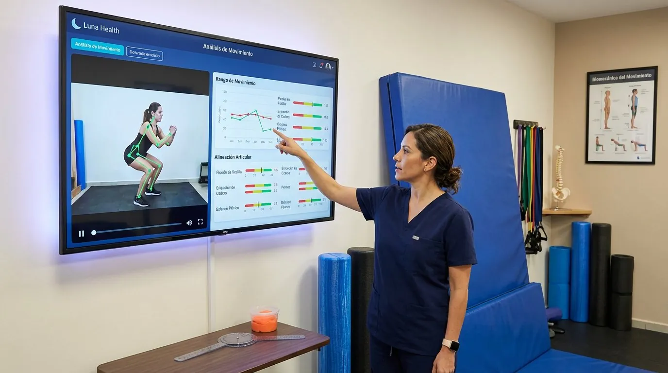Fisioterapeuta usando el software de Luna Health para crear un plan de rehabilitación digital