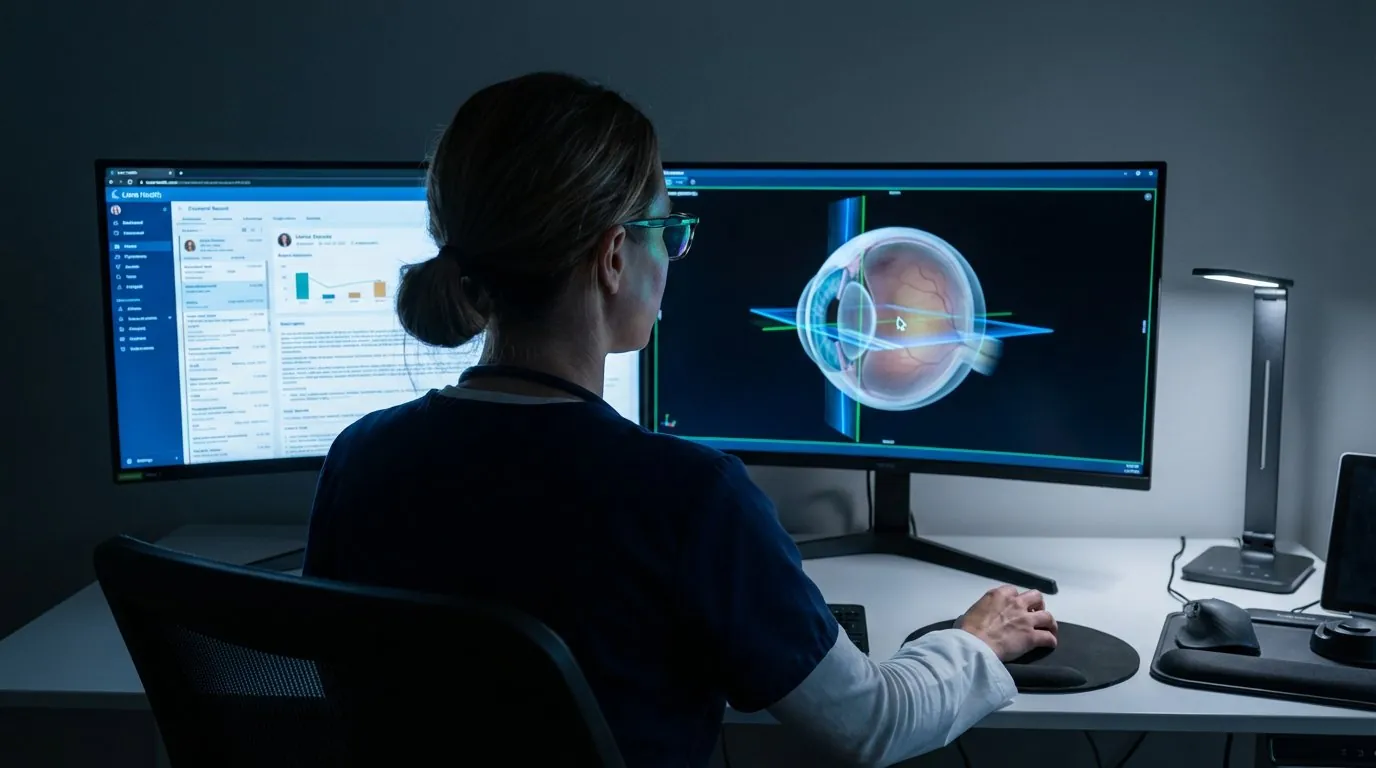 Oftalmóloga usando el software de Luna Health para un diagnóstico integrado de la vista