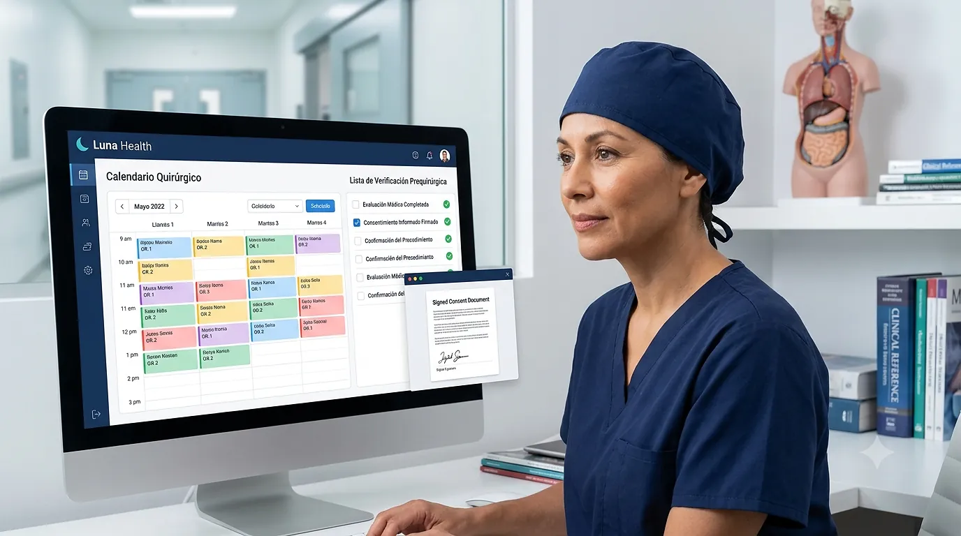 Cirujano usando el software de Luna Health para la programación quirúrgica y la lista de verificación prequirúrgica