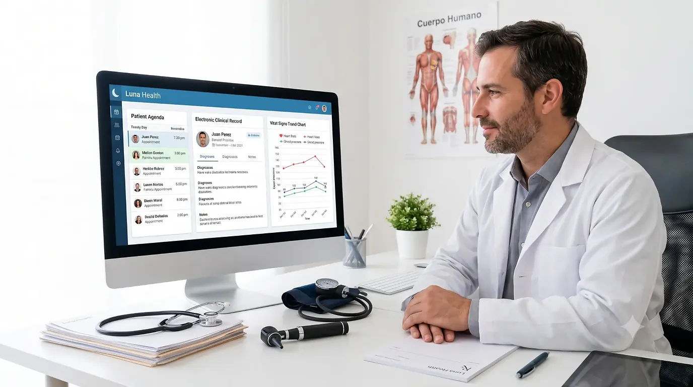 Médico general usando el software de Luna Health para el expediente clínico electrónico en su consultorio