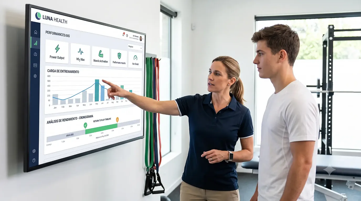 Médico del deporte usando el software de Luna Health para el análisis de rendimiento y el retorno al juego del atleta