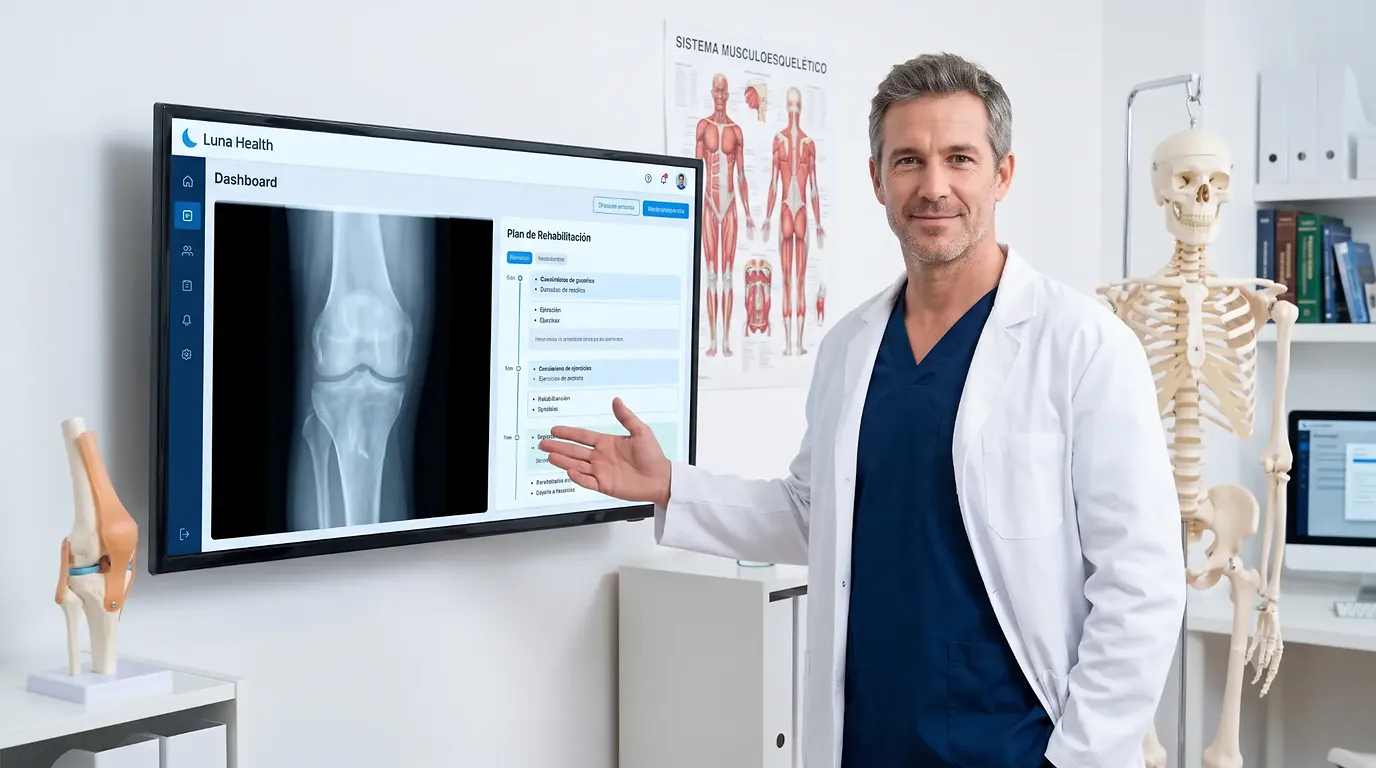 Traumatólogo usando el software de Luna Health para analizar radiografías y planear la rehabilitación