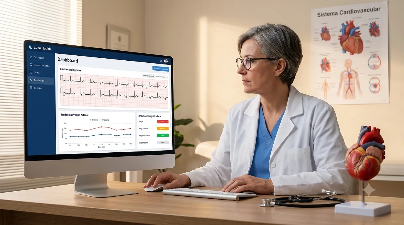 Cardiólogo usando el software de Luna Health para revisar el electrocardiograma y el control de presión arterial